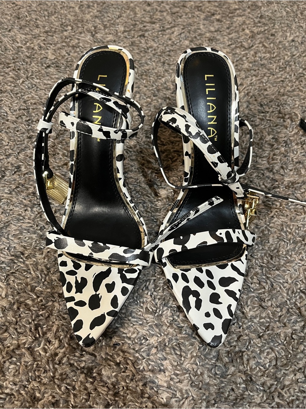 Liliana Black & White Leopard-Print Pointed Strap Heels